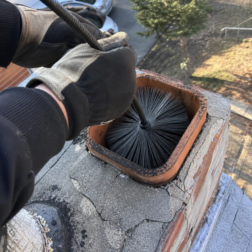 Professional chimney sweep cleaning a brick chimney flue with a wire brush