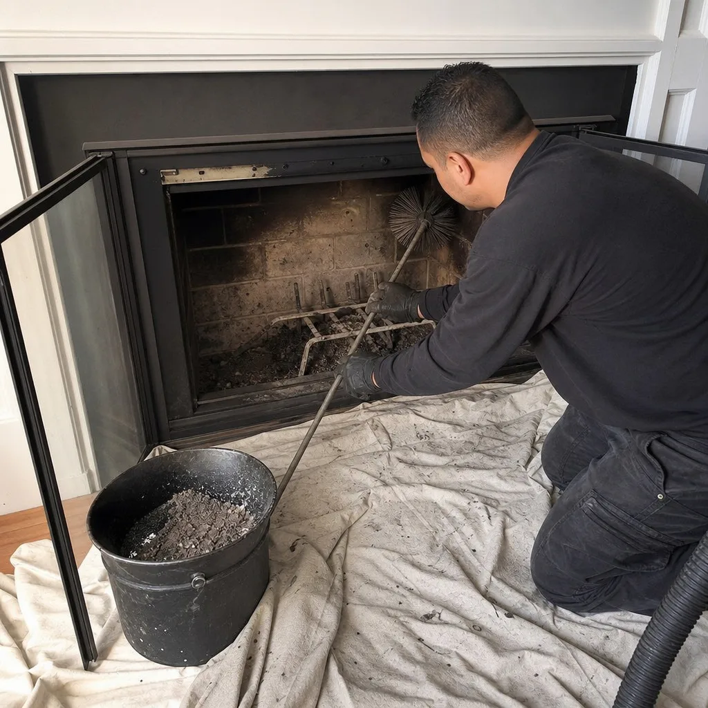 Professional chimney sweep cleaning a fireplace with a wire brush.