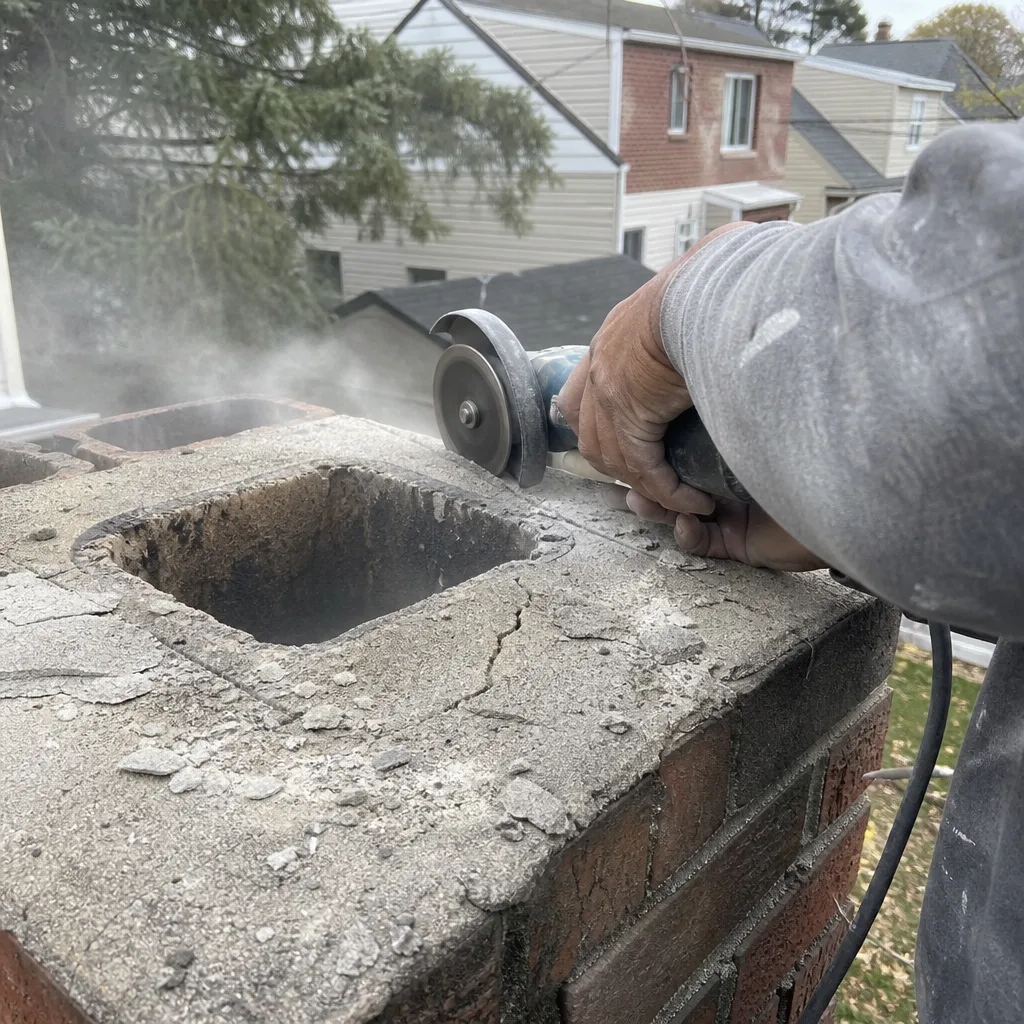 Professional using angle grinder for chimney crown repair and masonry work