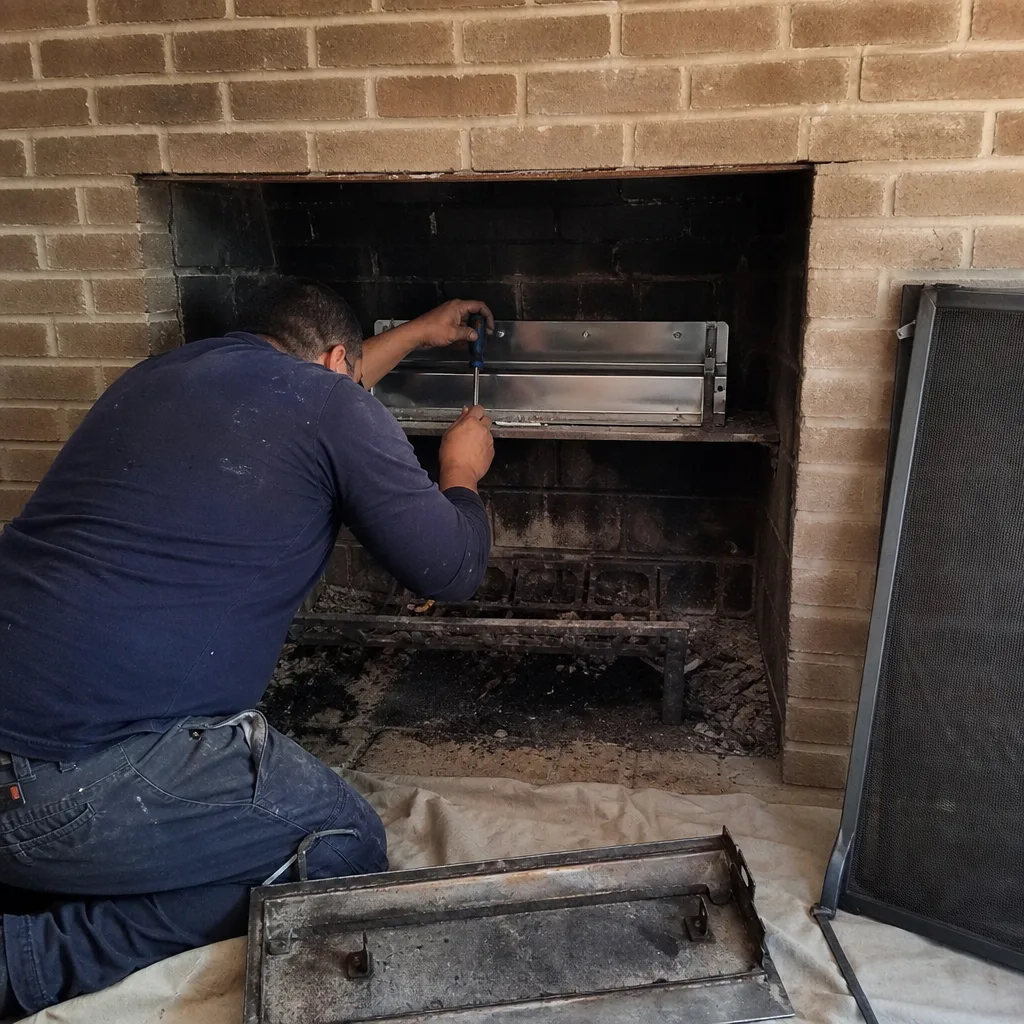 Technician installing new fireplace insert components into a brick chimney.